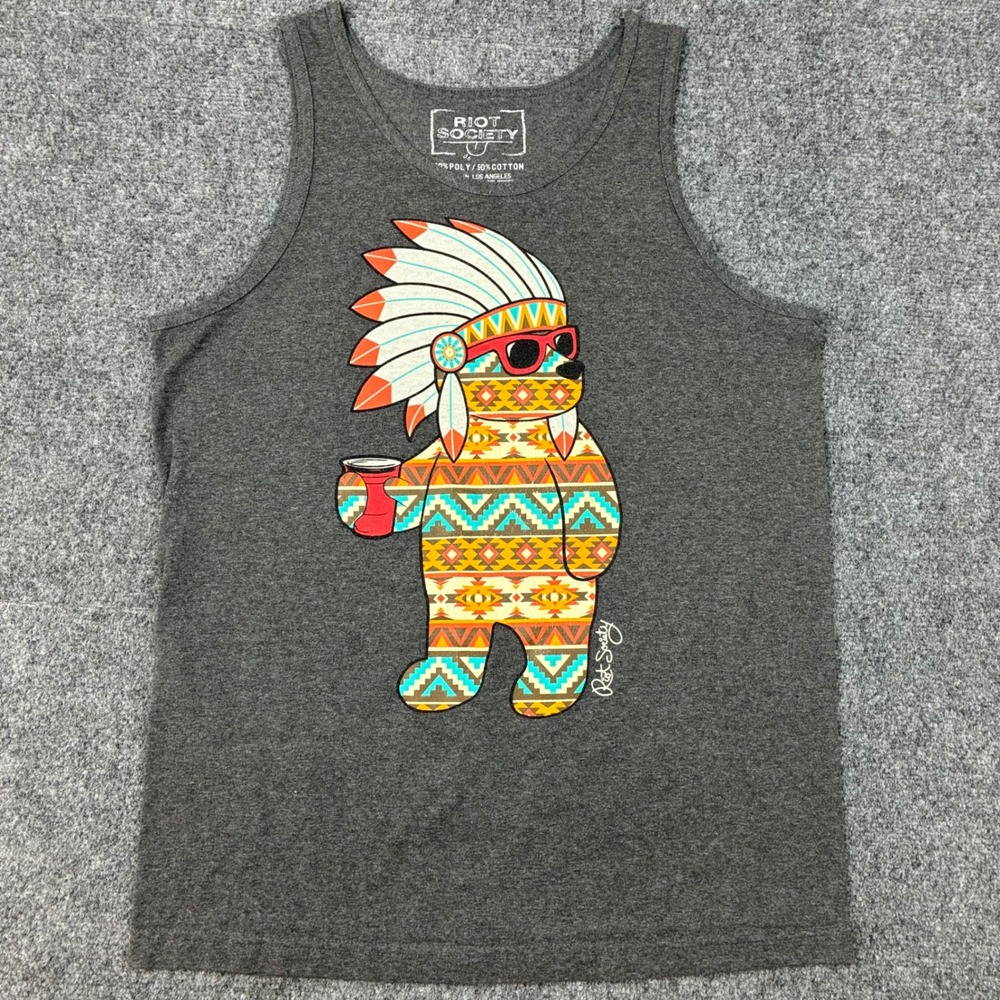 Riot Society Mens Bear Headdress Tank Top Gray Graphic Sleeveless Shirt Size M
